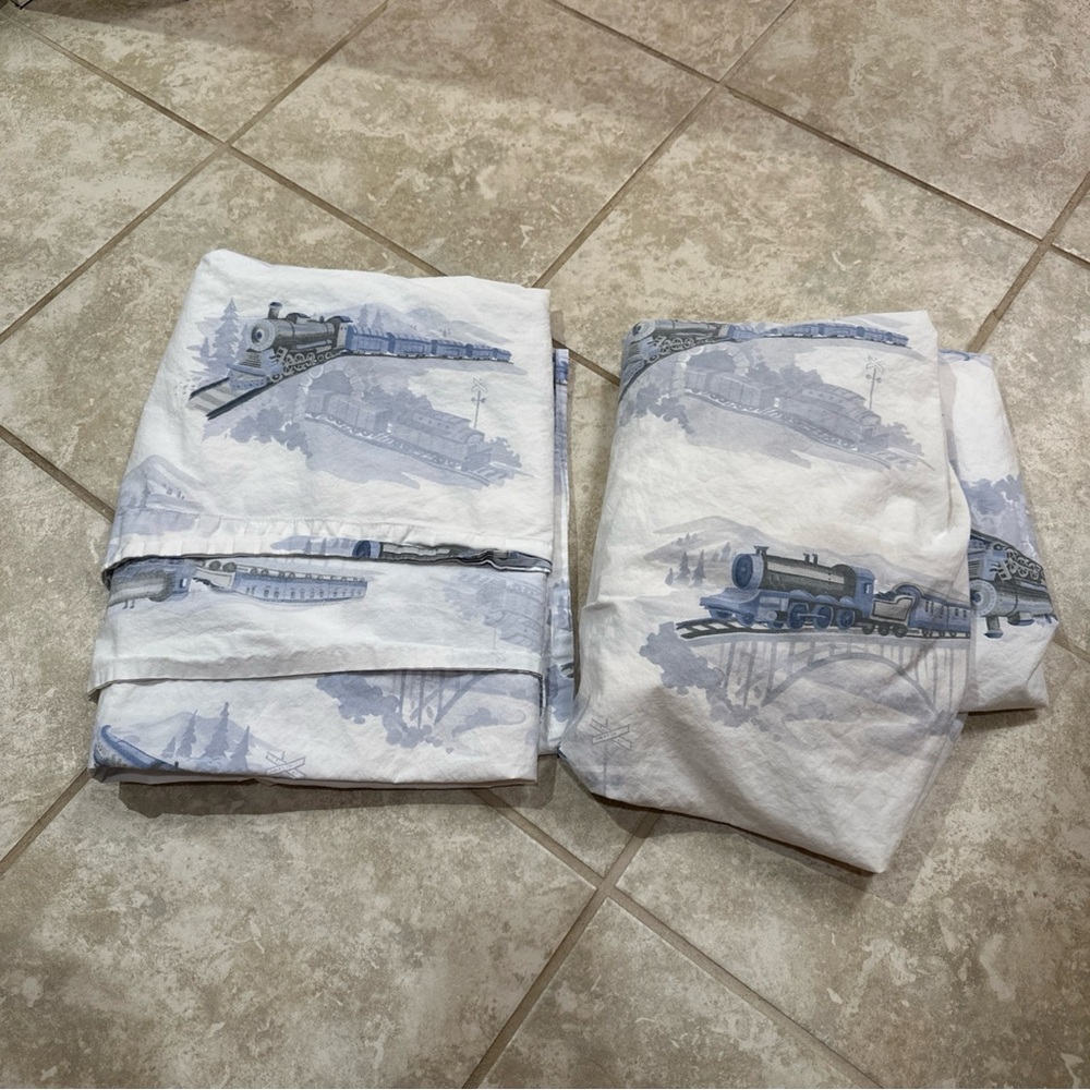 Pottery Barn Kids Twin Size Sheet Set - 100% Cotton - Trains ivory blue gray